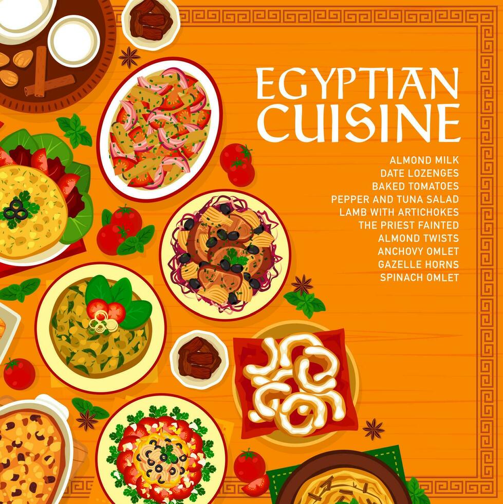 Egyptian cuisine menu cover, Arabic food dishes vector