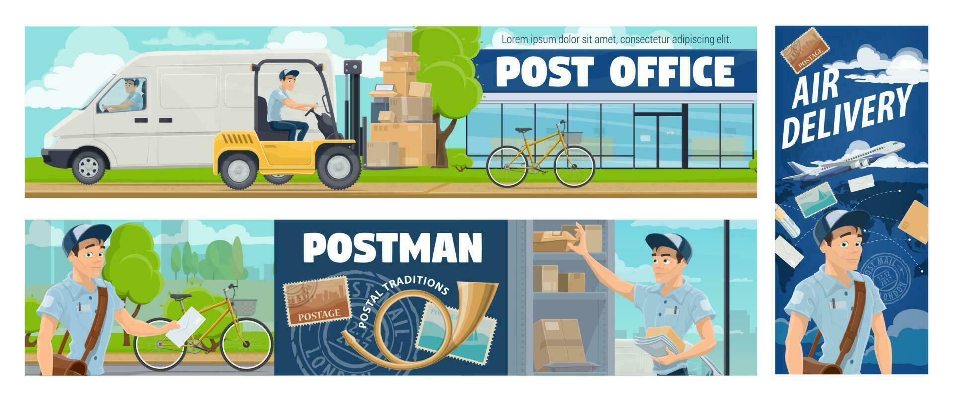 Post office mail delivery, postman service banners vector