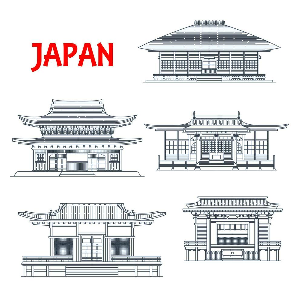 Japan temples, Japanese pagoda buildings Kamakura vector