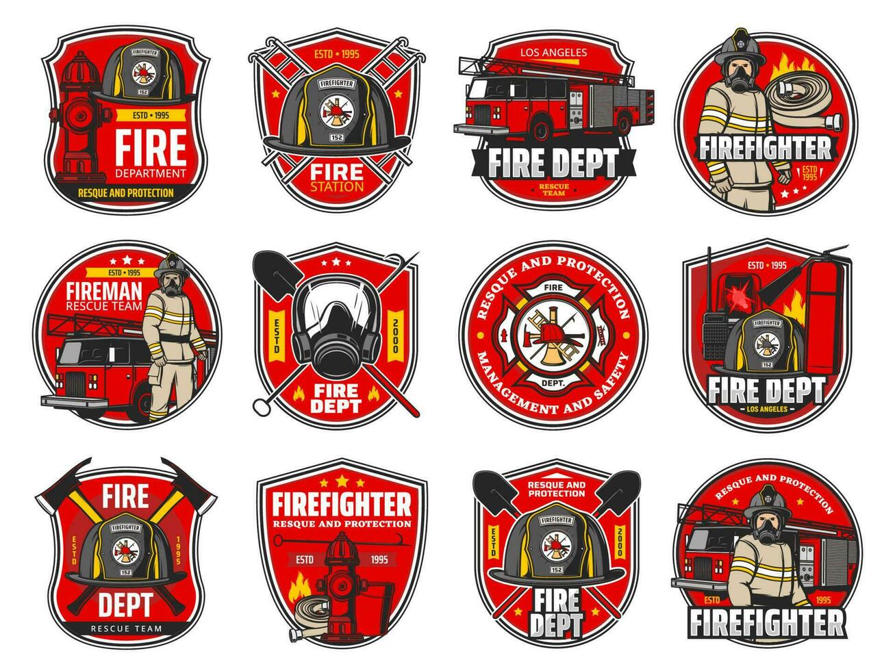 Firefighting icons, heraldic symbols vector labels
