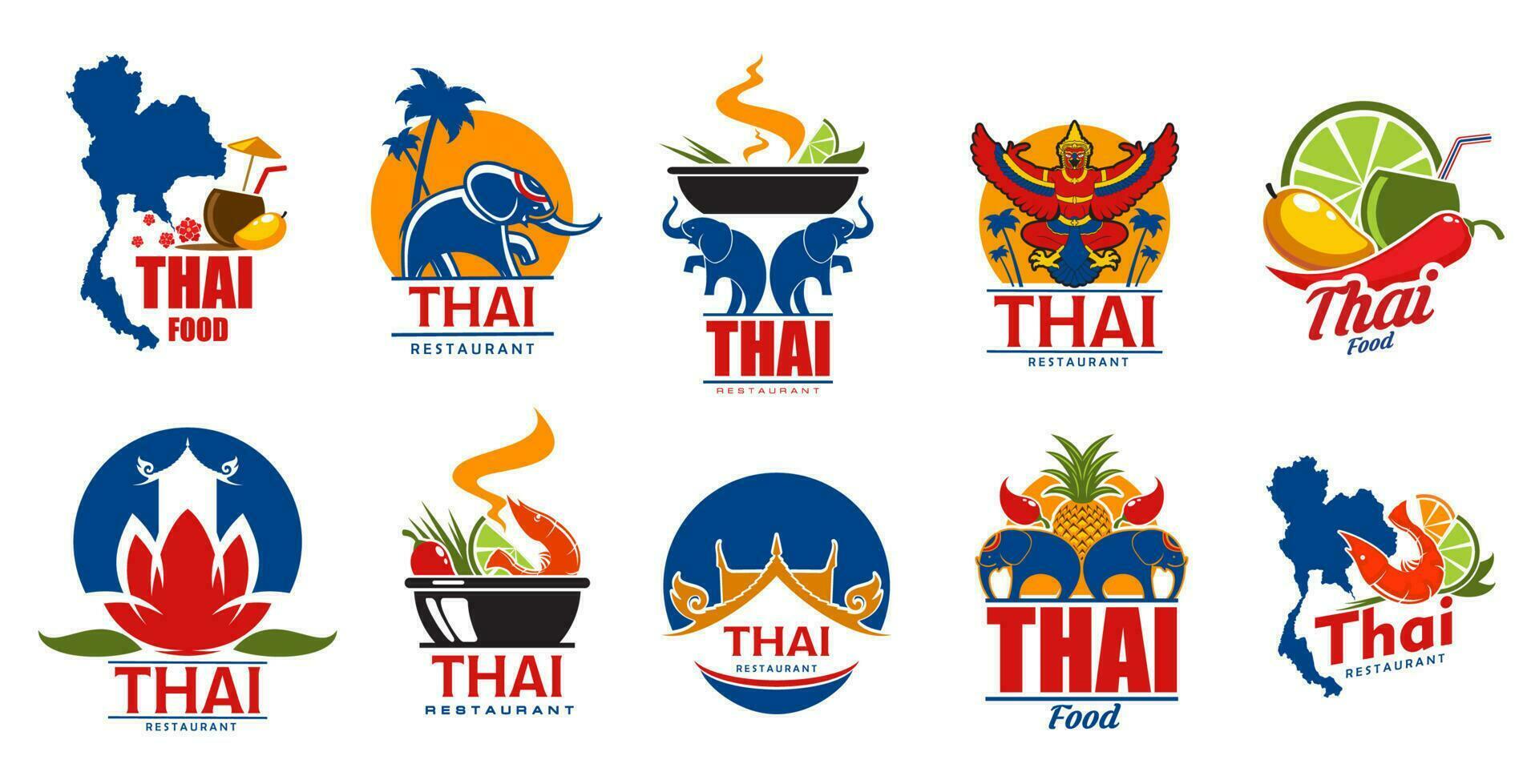 Thai cuisine icons, Thailand restaurant food vector