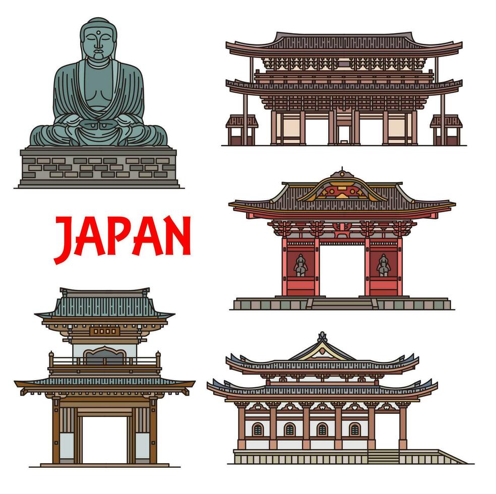 Japanese temples, pagodas Kamakura architecture vector