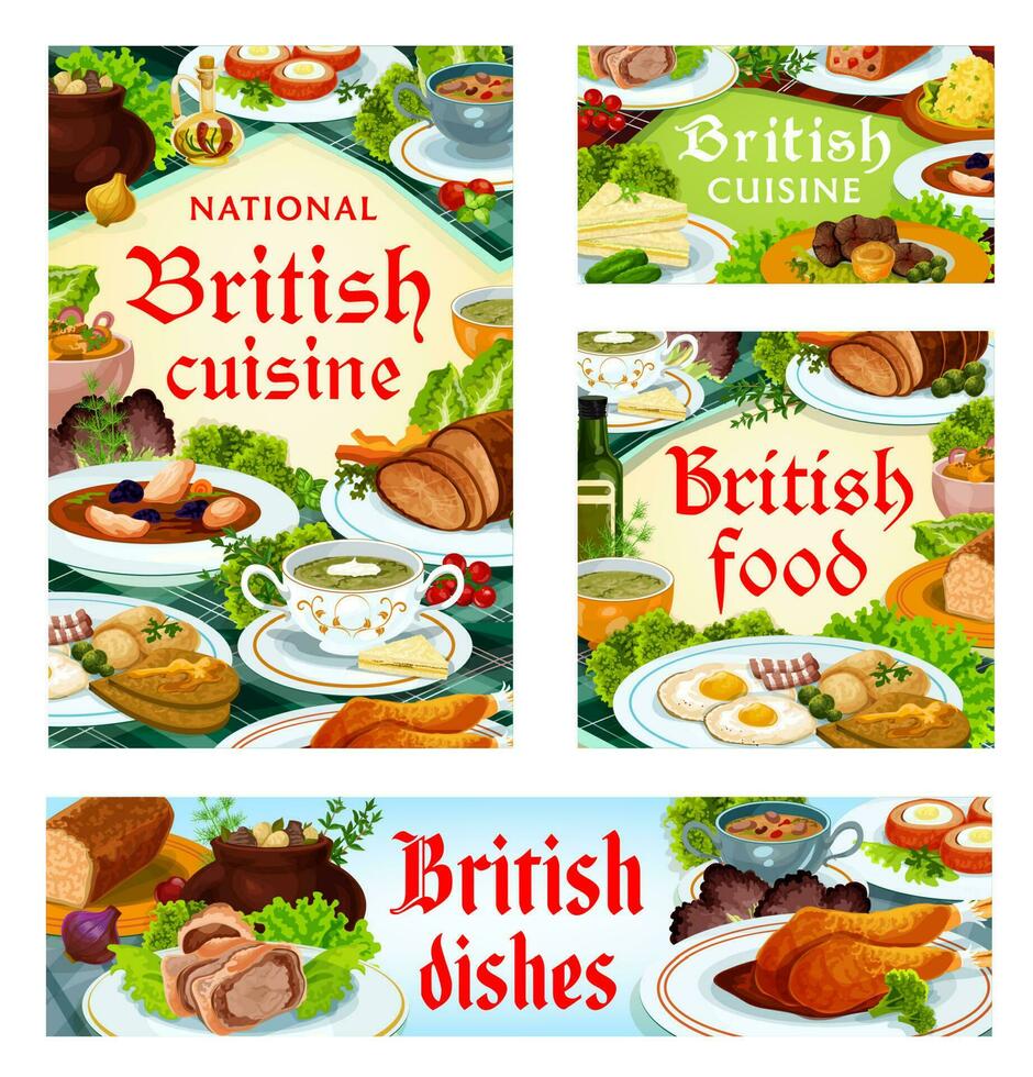 Britain cuisine, English food vector dishes set