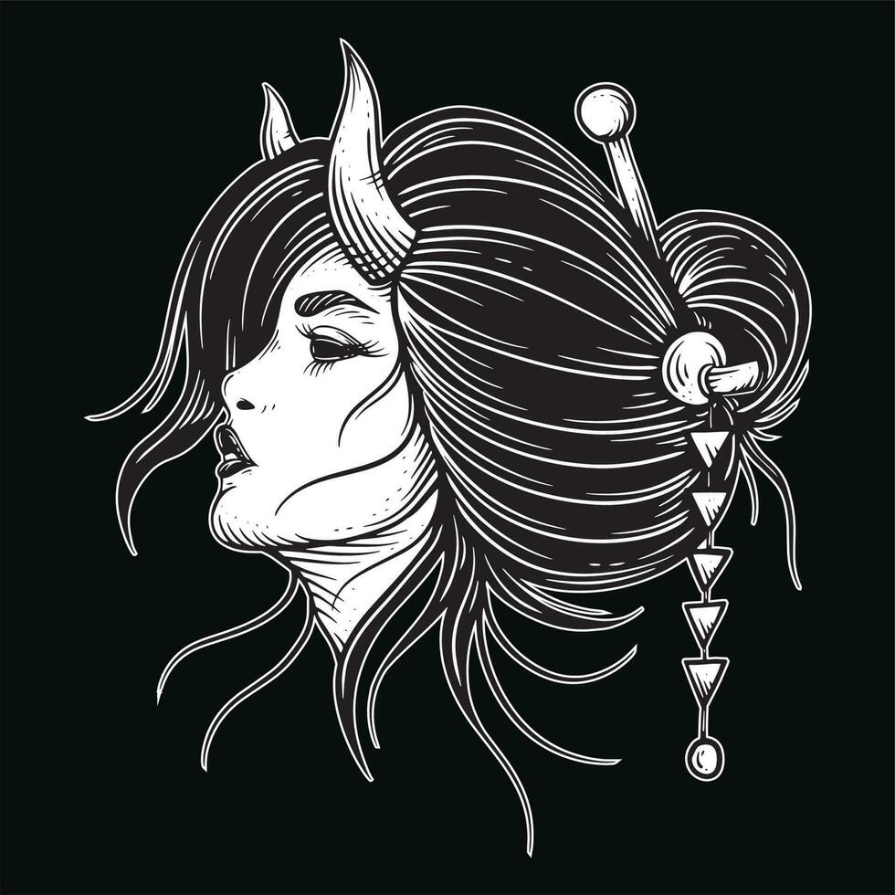 oscuro Arte japonés niña Rosa geisha mujer cráneo máscara tatuaje tradicional ilustración vector