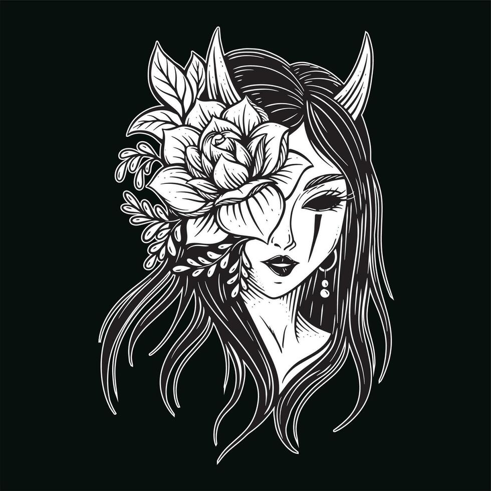 Dark Art Japanese girl rose geisha woman Skull Mask Tattoo traditional illustration vector