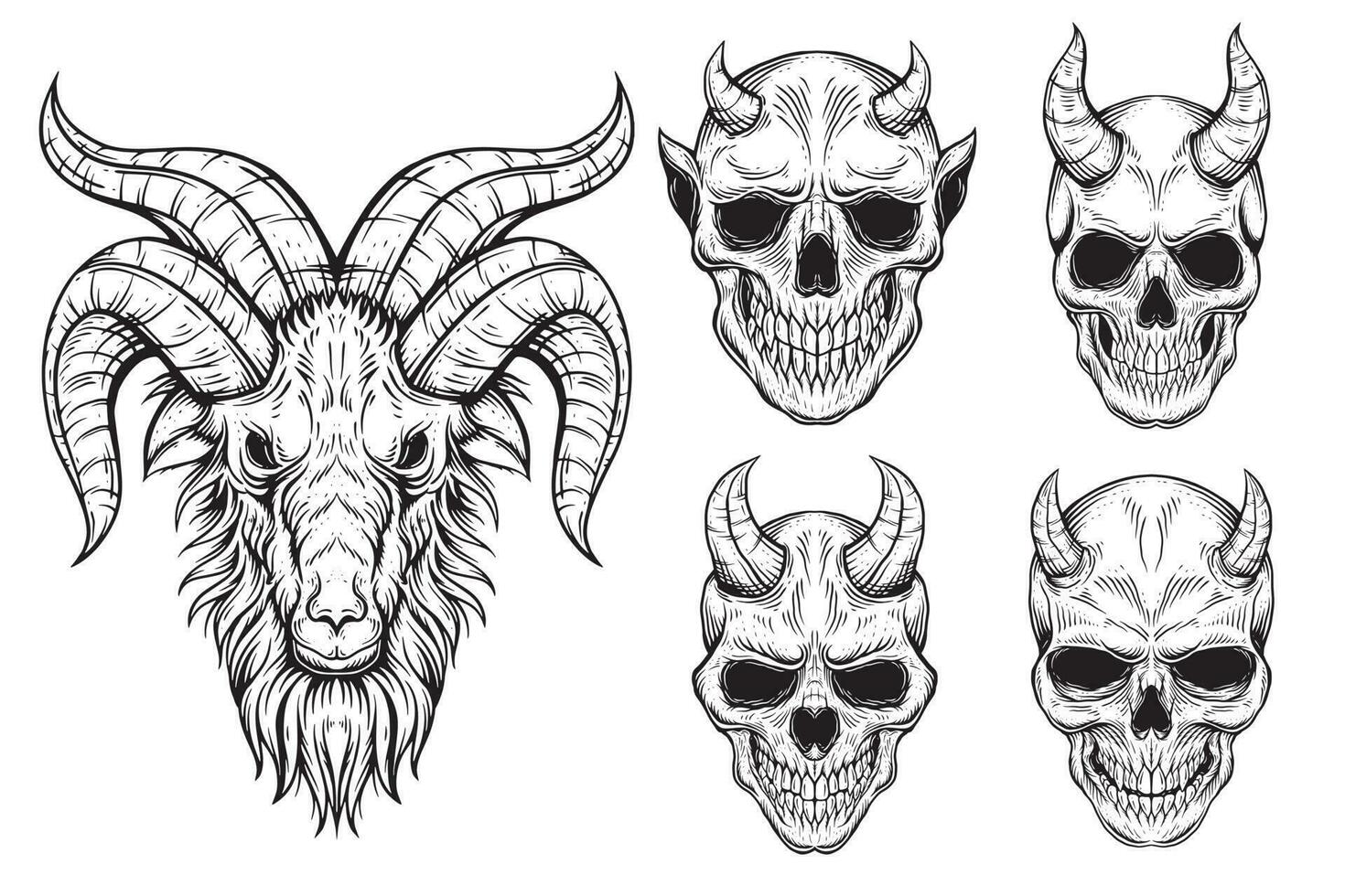 conjunto haz oscuro Arte gótico cráneo demonio cuerno Clásico tatuaje huesos en mano dibujo estilo vector