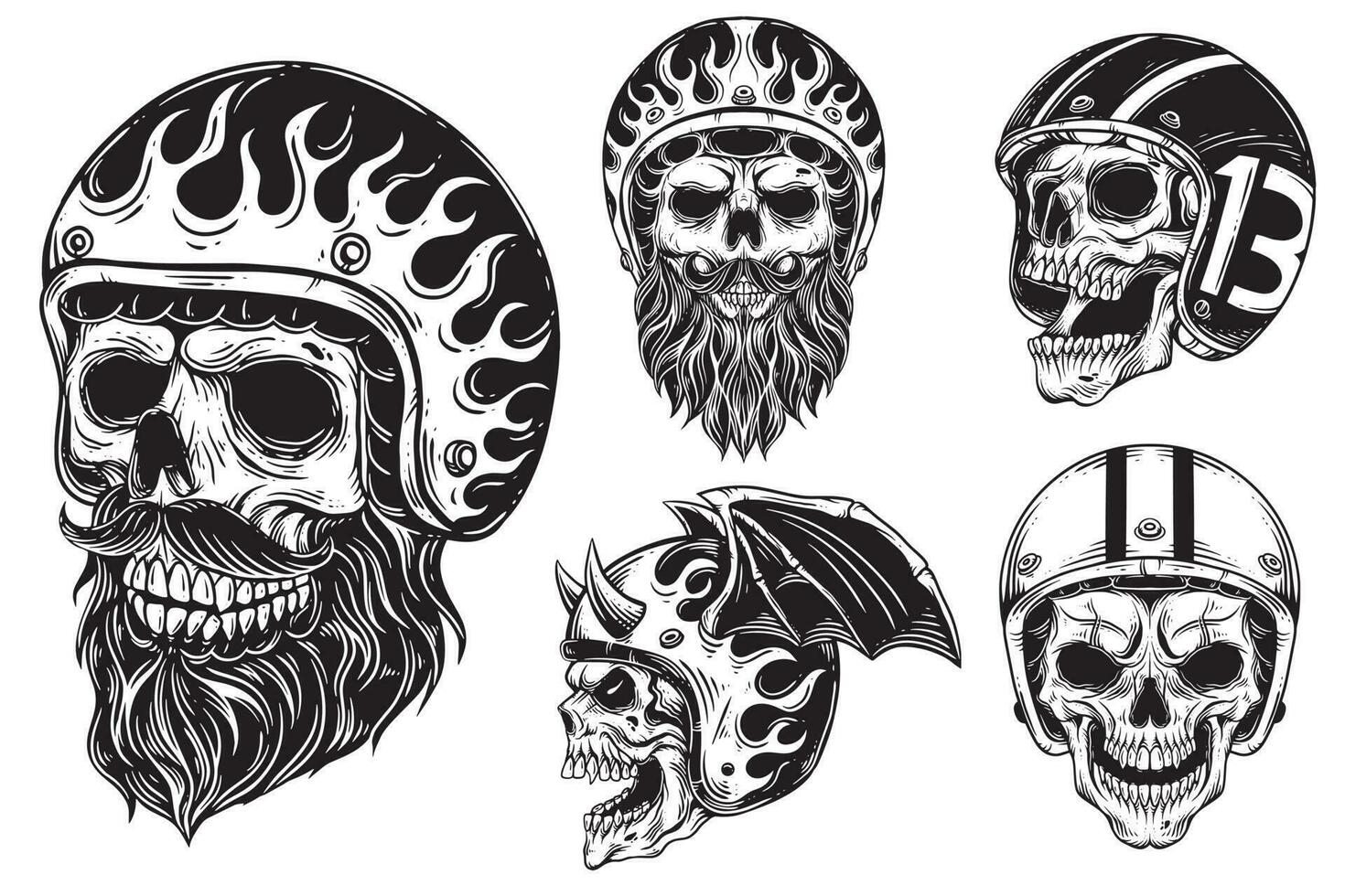 Set Bundle Dark art Skull Rider Man Face bikers retro Vintage Tattoo Helmet Motorcycle custom illustration vector