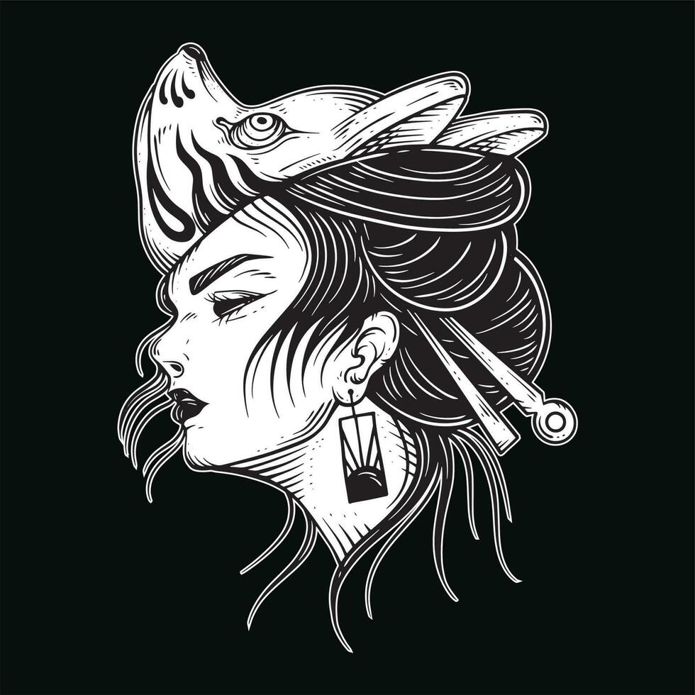 Dark Art Japanese girl rose geisha woman Skull Mask Tattoo traditional illustration vector