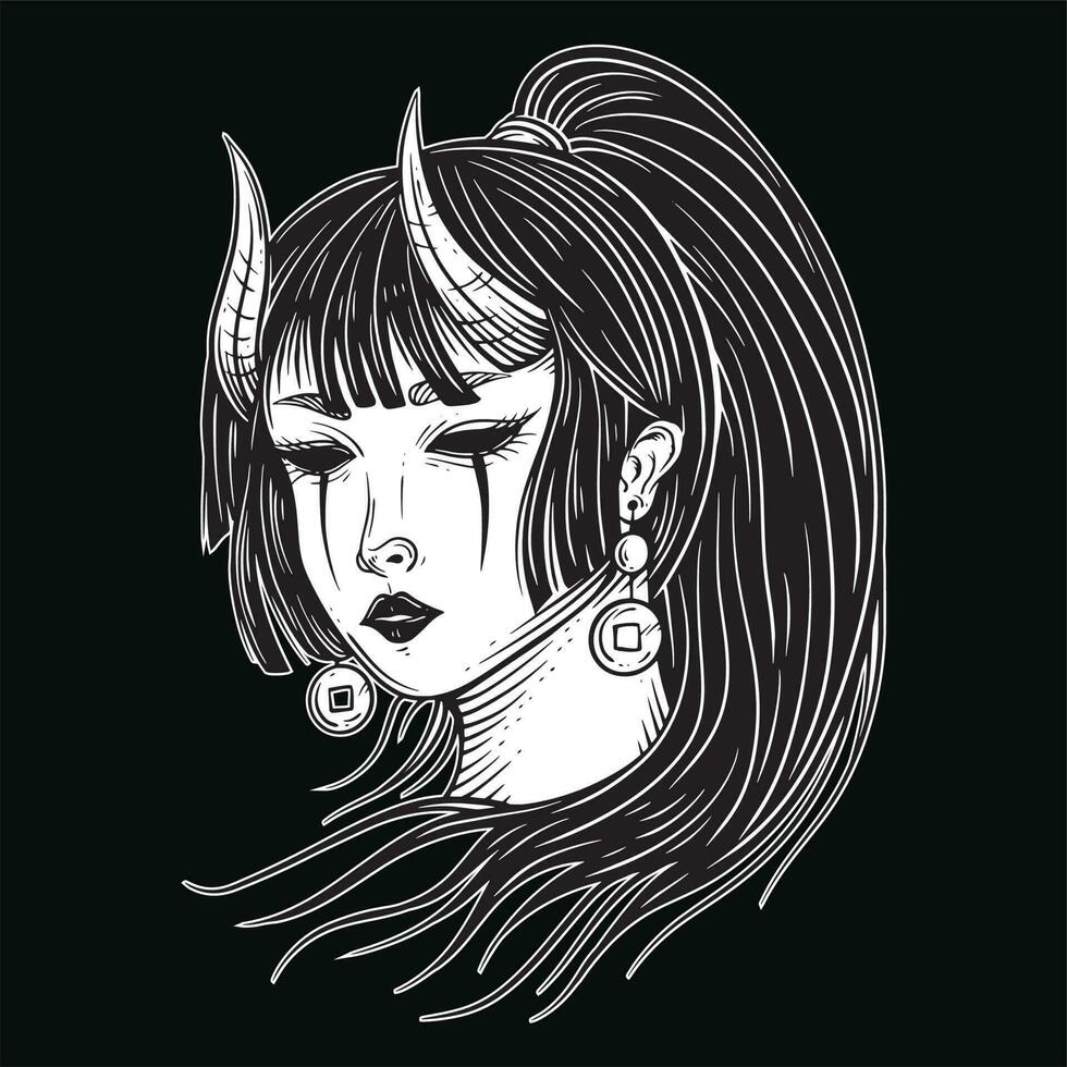 Dark Art Japanese girl rose geisha woman Skull Mask Tattoo traditional illustration vector