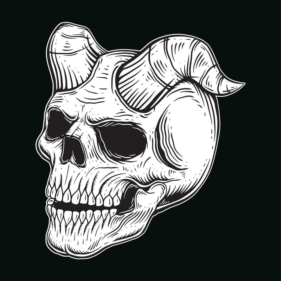 Dark Art Gothic Skull Demon Horn Vintage Tattoo bones in hand drawing style vector