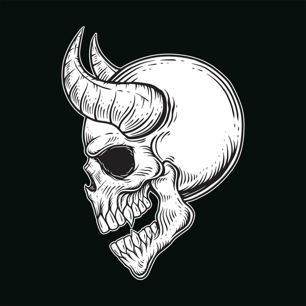 oscuro Arte gótico cráneo demonio cuerno Clásico tatuaje huesos en mano dibujo estilo vector