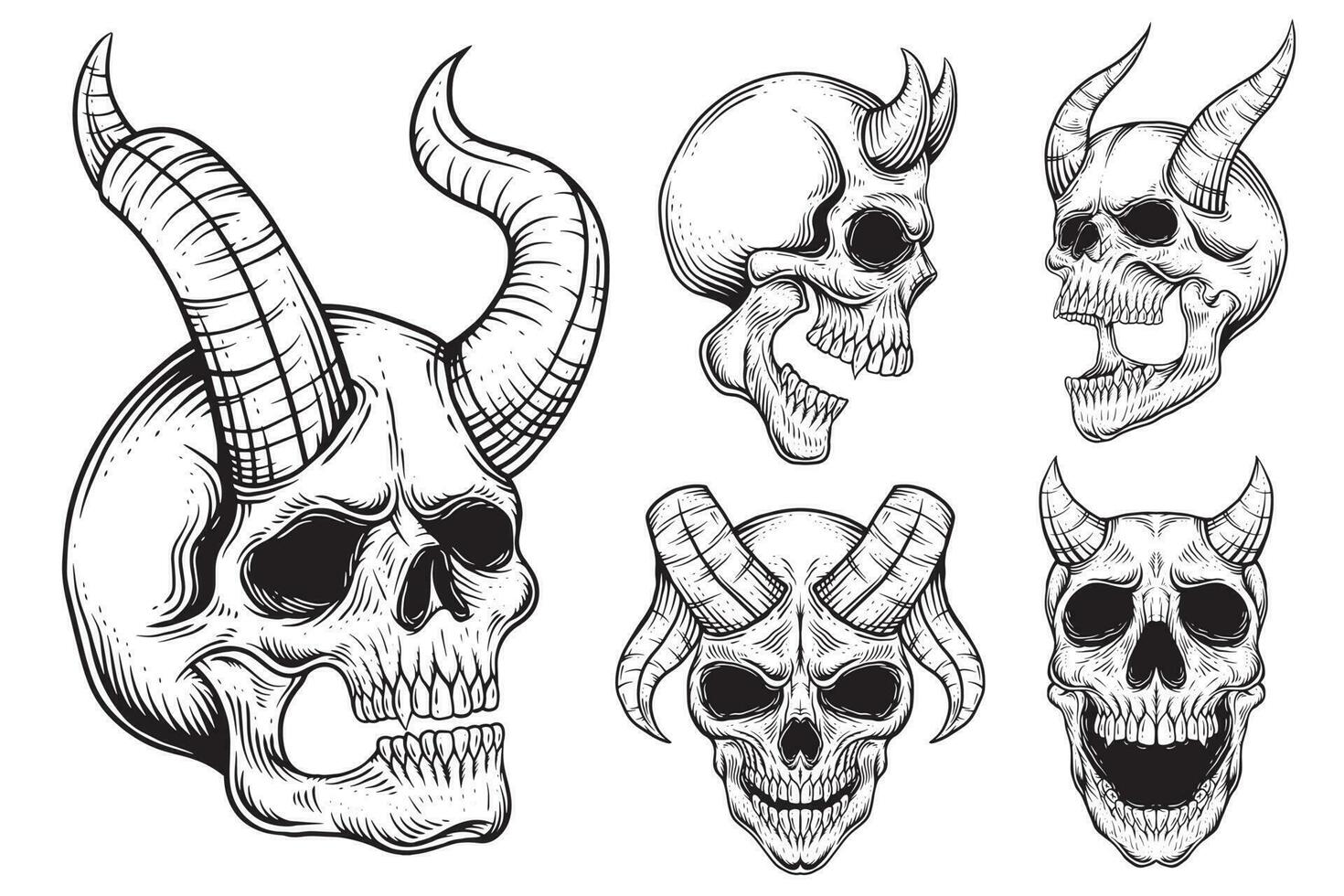 conjunto haz oscuro Arte gótico cráneo demonio cuerno Clásico tatuaje huesos en mano dibujo estilo vector