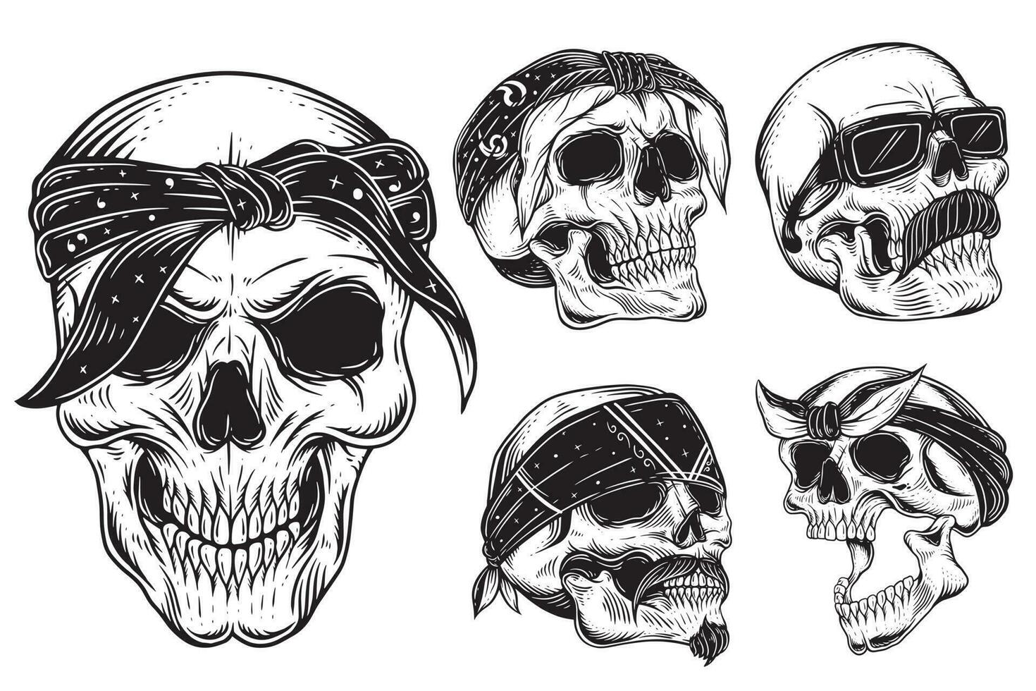 Set Bundle Dark art Skull Rider bikers retro Vintage Tattoo Helmet Motorcycle Hand drawn Style illustration vector