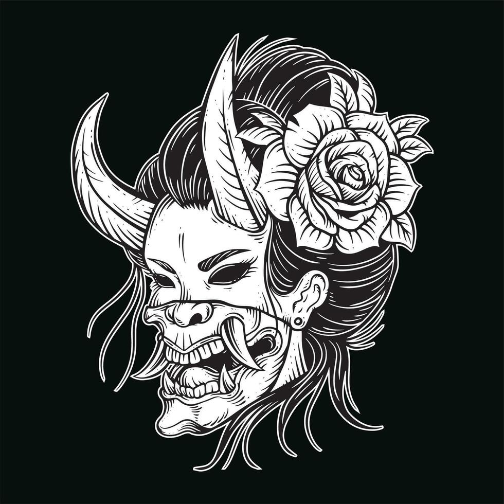 oscuro Arte japonés niña Rosa geisha mujer cráneo máscara tatuaje tradicional ilustración vector