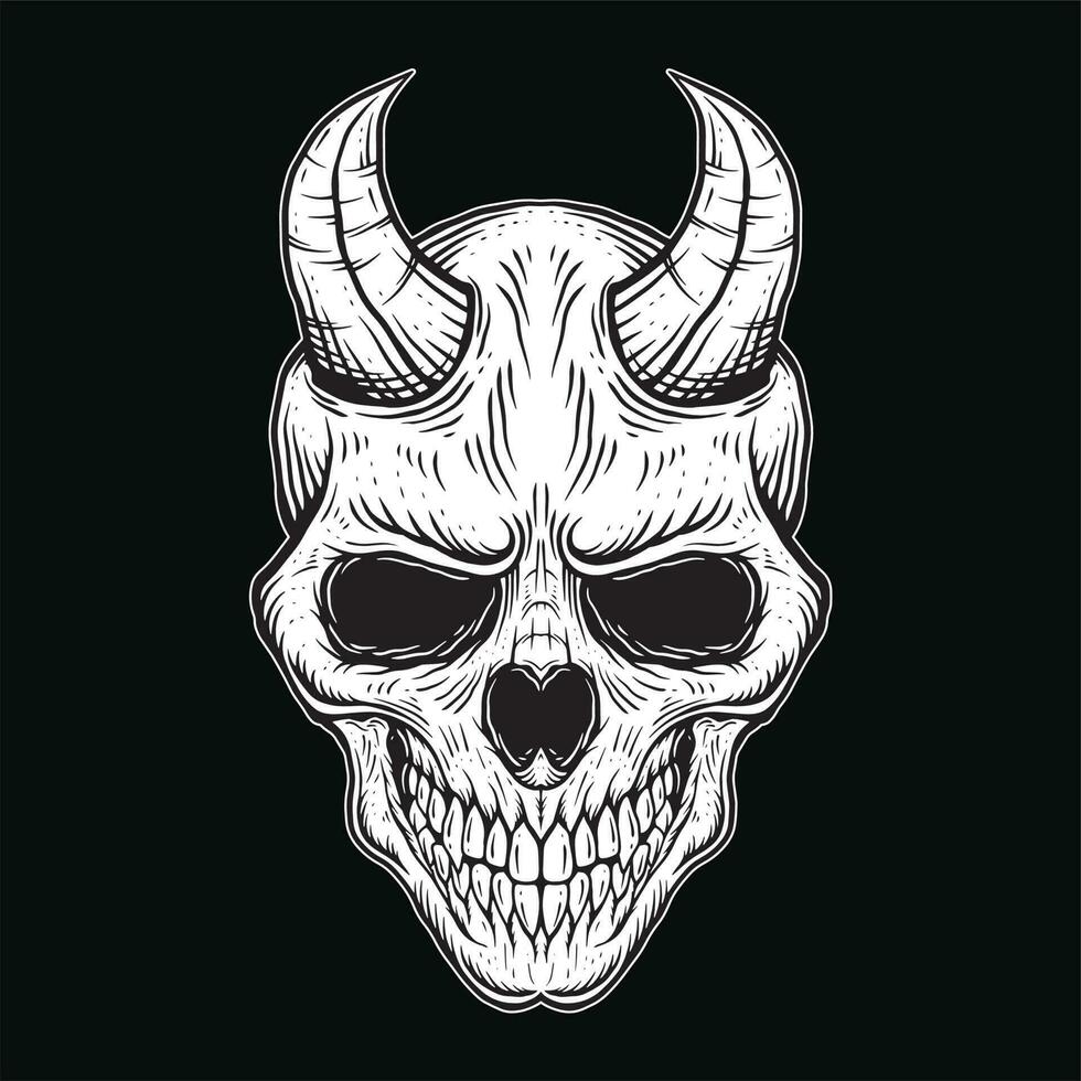 Dark Art Gothic Skull Demon Horn Vintage Tattoo bones in hand drawing style vector