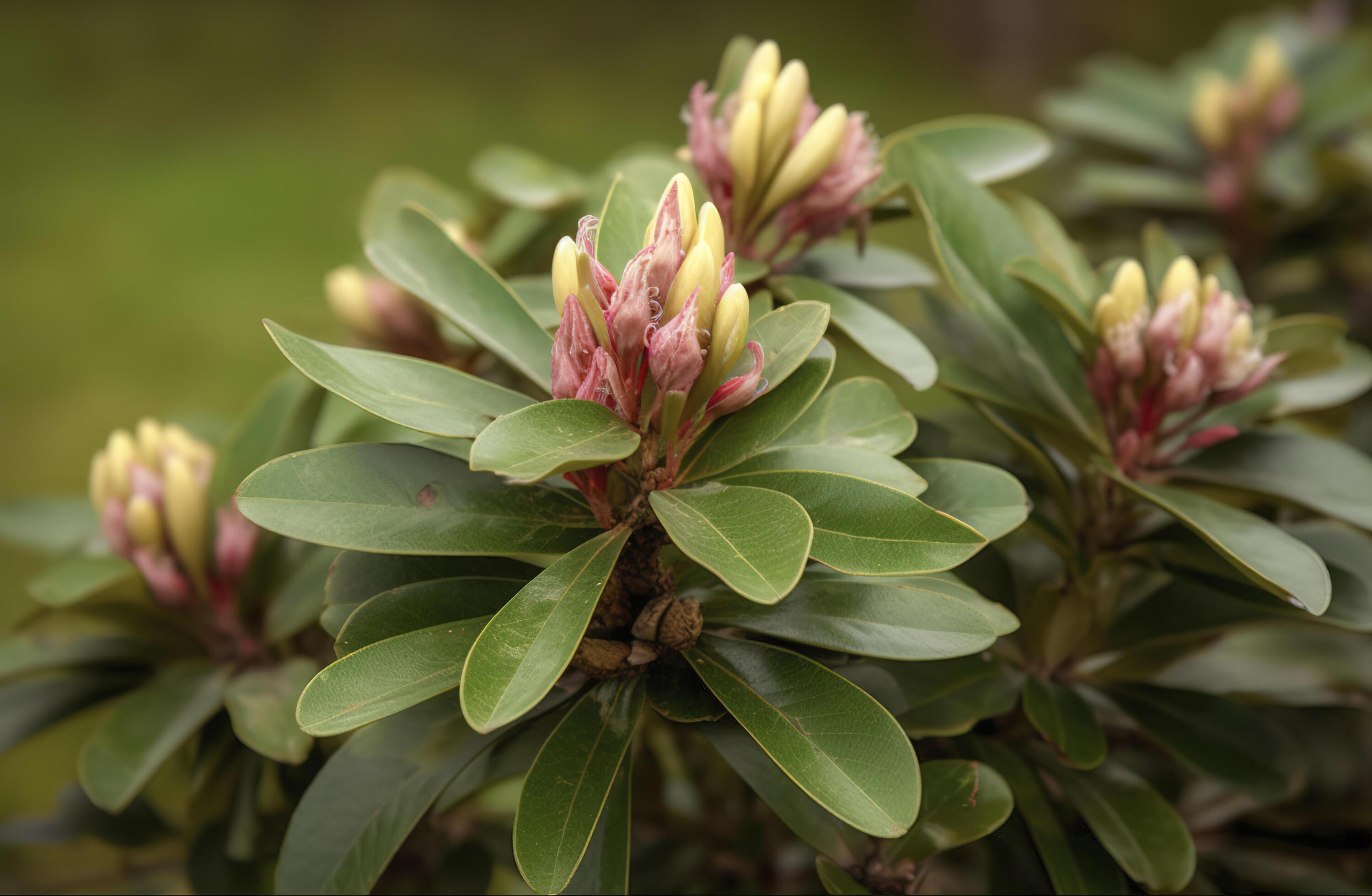 Rhododendron or Rosebay leaves and buds ready to open in spring garden