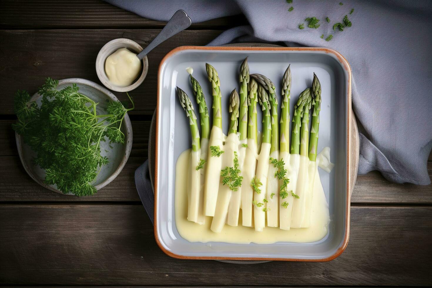 Traditional steamed white asparagus with hollandaise sauce and herbs as a top view in an enamel tray on an old wood table with copy space on the right, generate ai photo