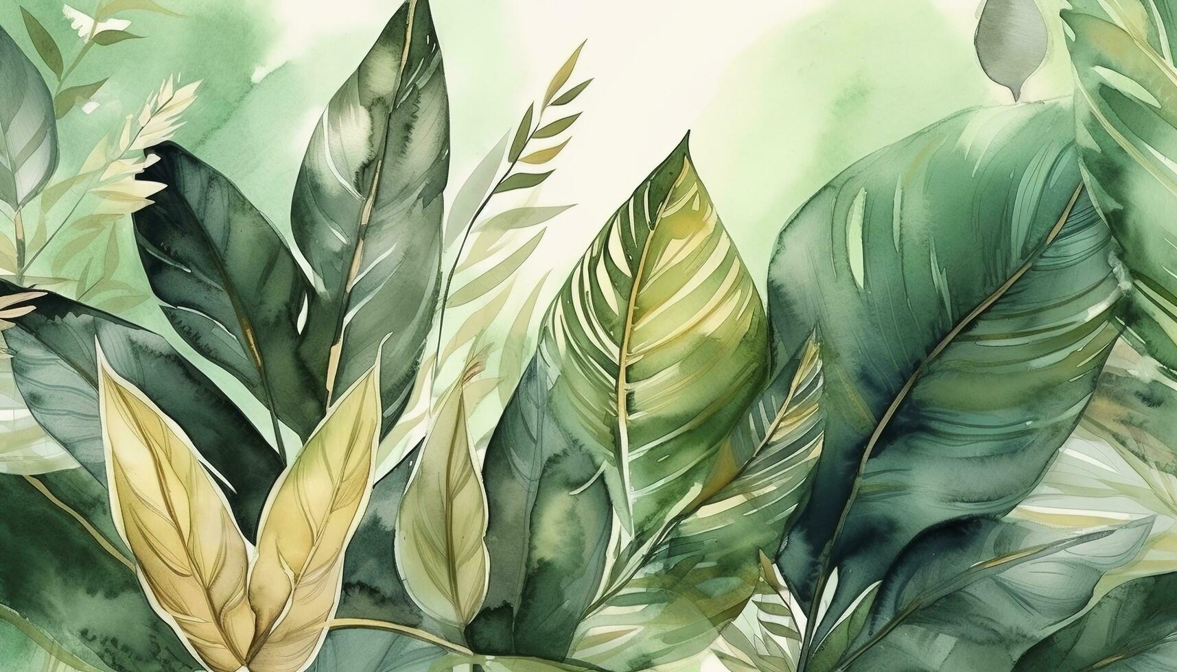 Tropical foliage watercolor background vector. Summer botanical design with gold line art, palm leaves, green watercolor texture. Luxury tropical illustration for banner, generate ai photo