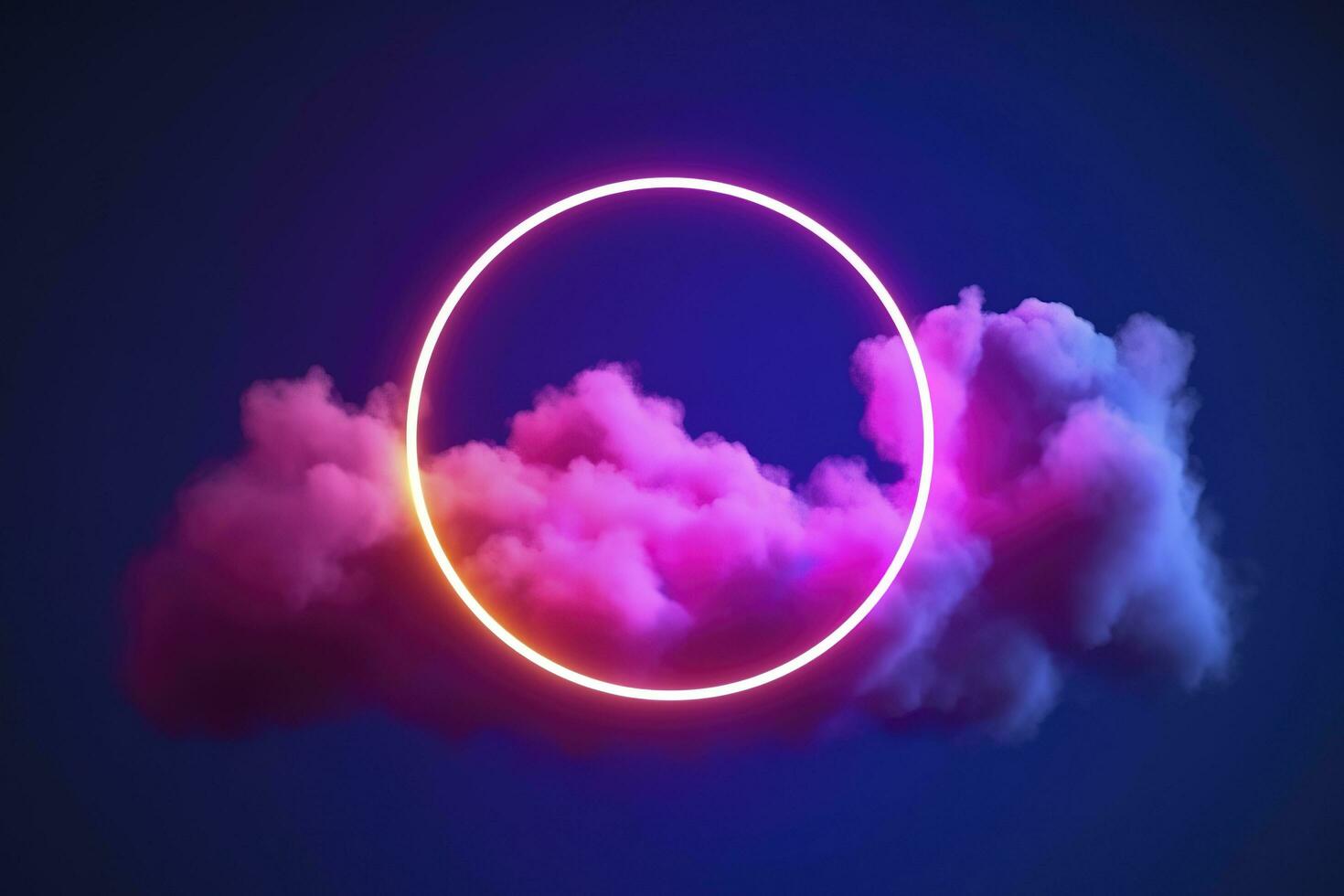 3d render, abstract cloud illuminated with neon light ring on dark night sky. Glowing geometric shape, round frame, generate ai photo