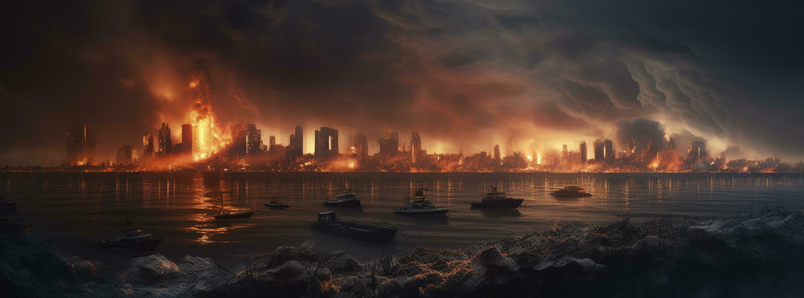 Post apocalypse. Nuclear apocalypse survivor. Ruined Cityscape. Concept. Banner size. Header, A nuclear explosion in the center of the metropolis. The beginning of apocalyptic, generate ai photo