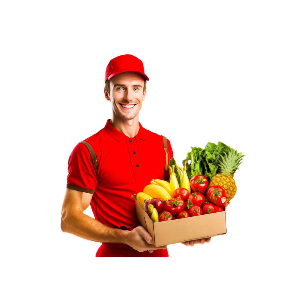 ai génératif livraison homme dans bleu uniforme porter paquet de épicerie nourriture avec légume et fruit sur transparent isolé png