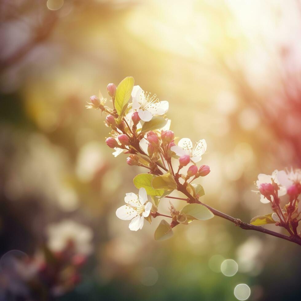 Beautiful nature scene with blooming flowers tree and sun flare, Beautiful Orchard , generat ai photo