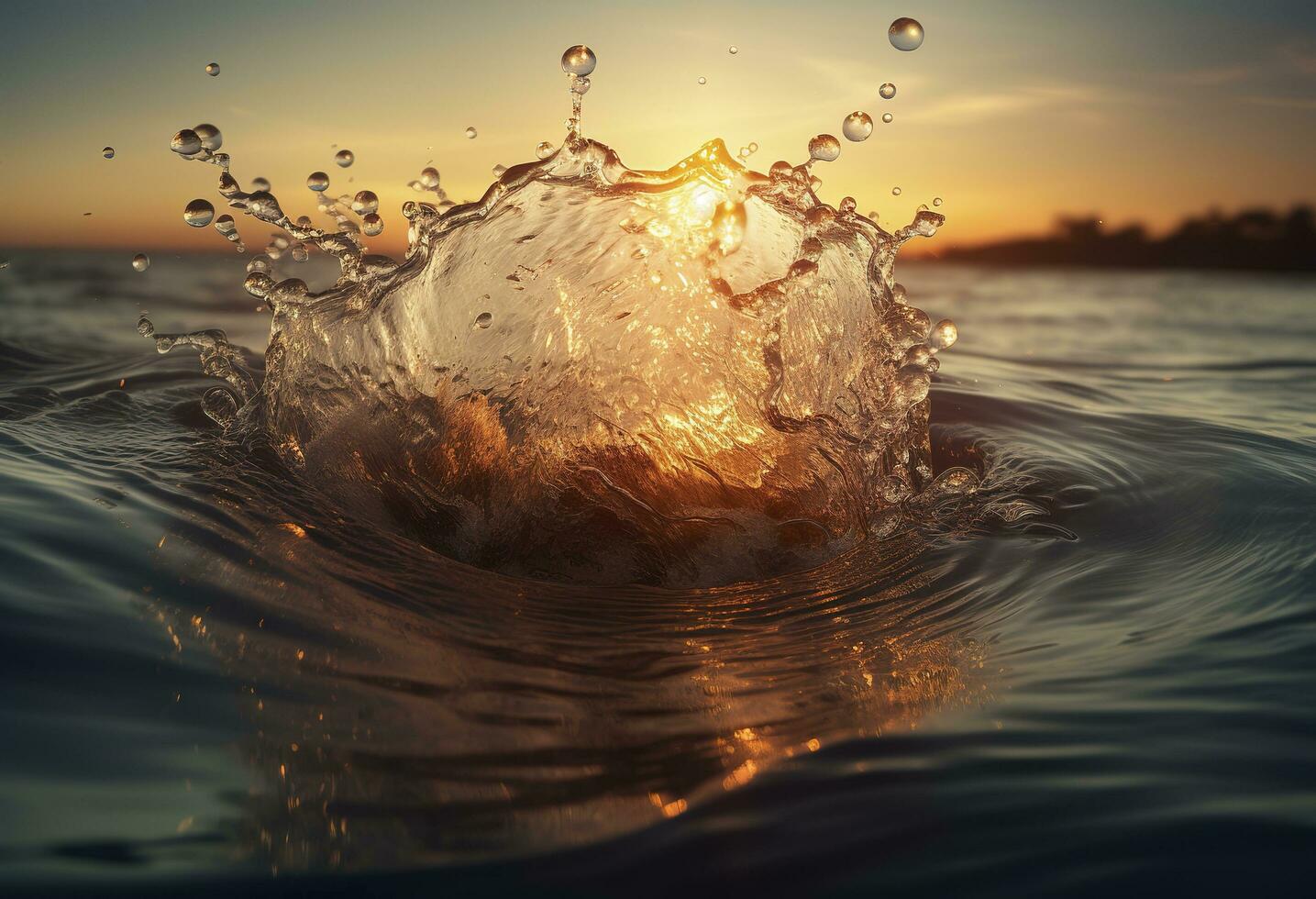 splashing, hd, water, sunset, water splash, water drops, water, sunset, water drop,, in the style of bokeh panorama, generate ai photo