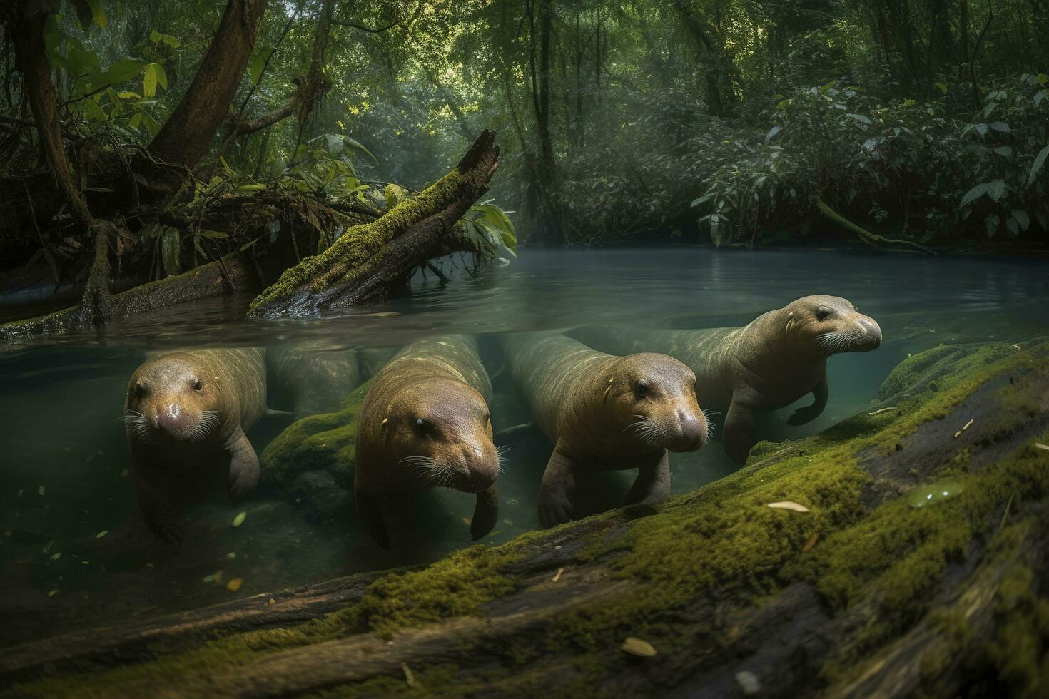 un familia de ornitorrincos nadando en un río rodeado por un denso bosque, generar ai foto