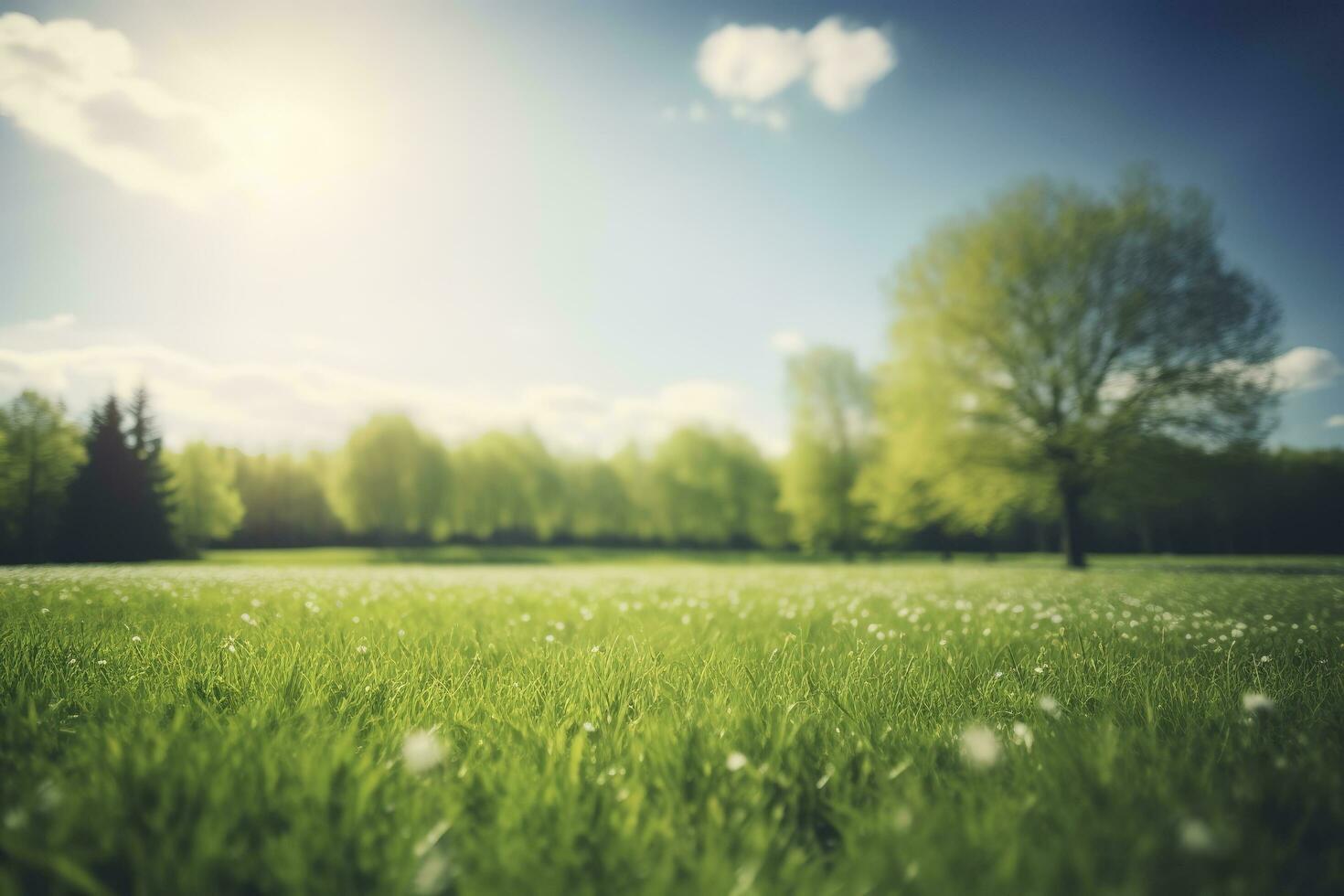 Beautiful blurred background image of spring nature with a neatly trimmed lawn surrounded by trees against a blue sky with clouds on a bright sunny day, generate ai photo
