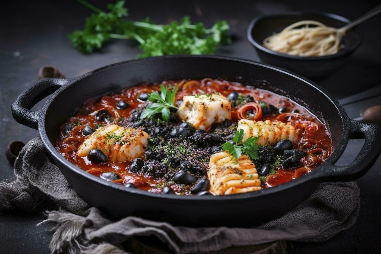 Traditional Italian spaghetti al nero di seppia with squid ink in tomato sauce served as close-up in a cast-iron pan on a wooden board, generate ai photo