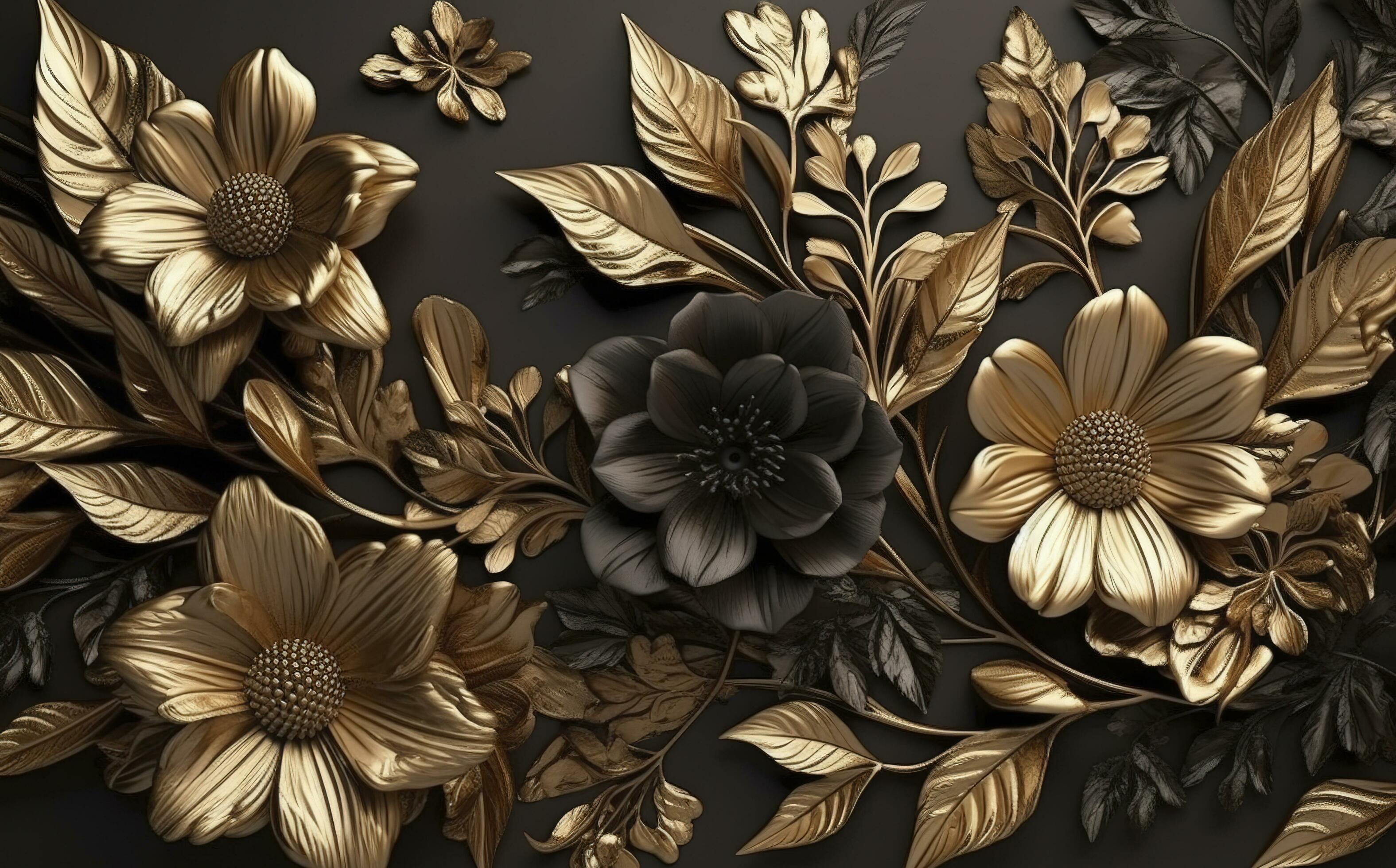 3d mural floral wallpaper. golden and black flowers and leaves. 3d render  background wall decor, generate ai 24472895 Stock Photo at Vecteezy