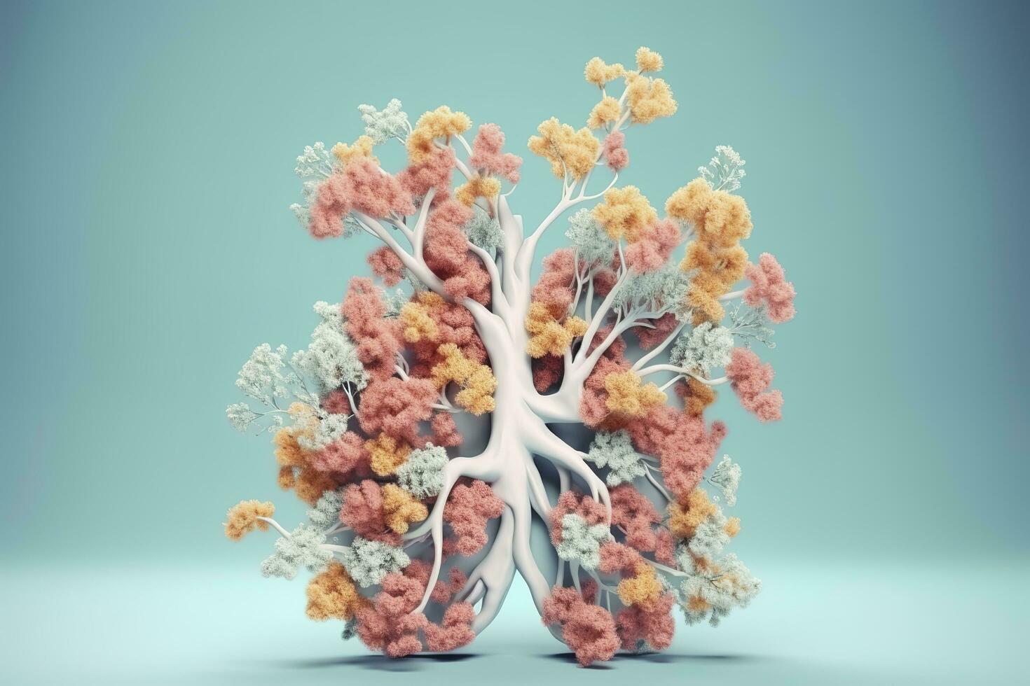 Human lungs with flowers, pastel colors, on blue background, 3d render and illustration, generate ai photo