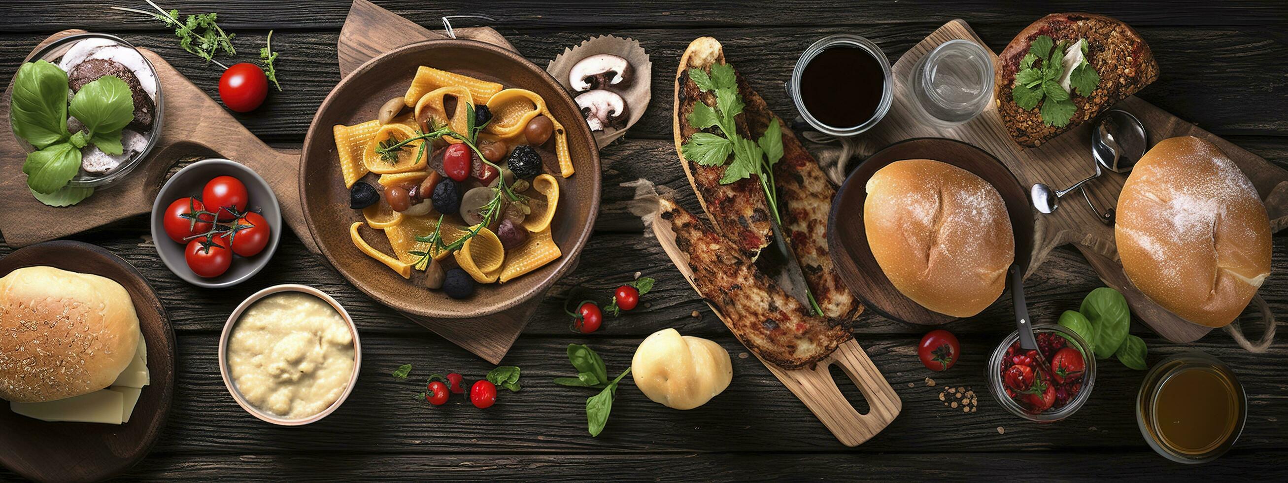Table scene with a selection of delicious foods. Top view over a dark wood banner background, generate ai photo