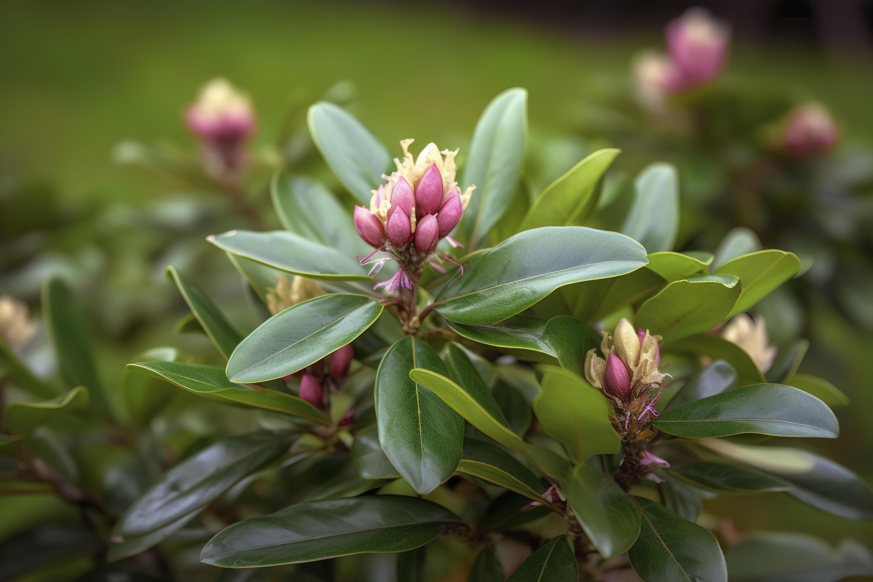 Rhododendron or Rosebay leaves and buds ready to open in spring garden