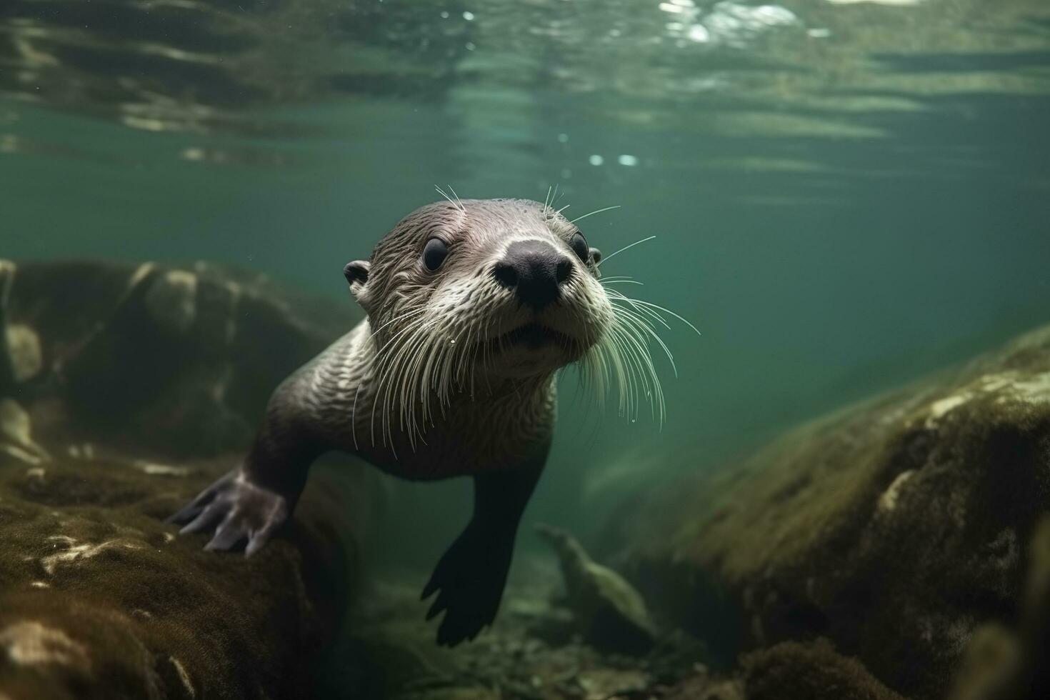 ilustración de linda nutria buceo submarino, generar ai foto