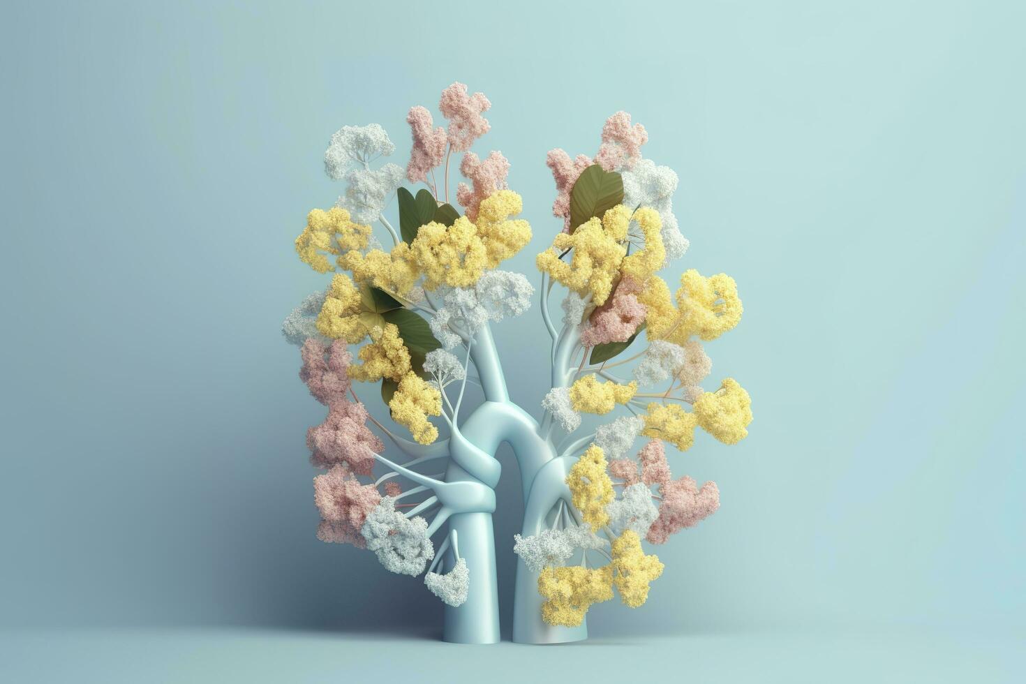 Human lungs with flowers, pastel colors, on blue background, 3d render and illustration, generate ai photo