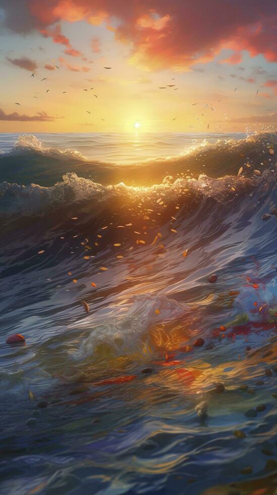 Magical red sunset in the open sea red sky and ocean waves at dusk beautiful sunset above the sea sunset background, generate ai photo