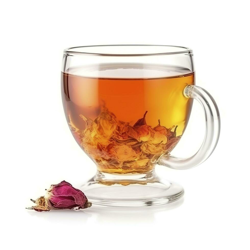 Glass cup of hot aromatic tea isolated on white background, generate ai photo
