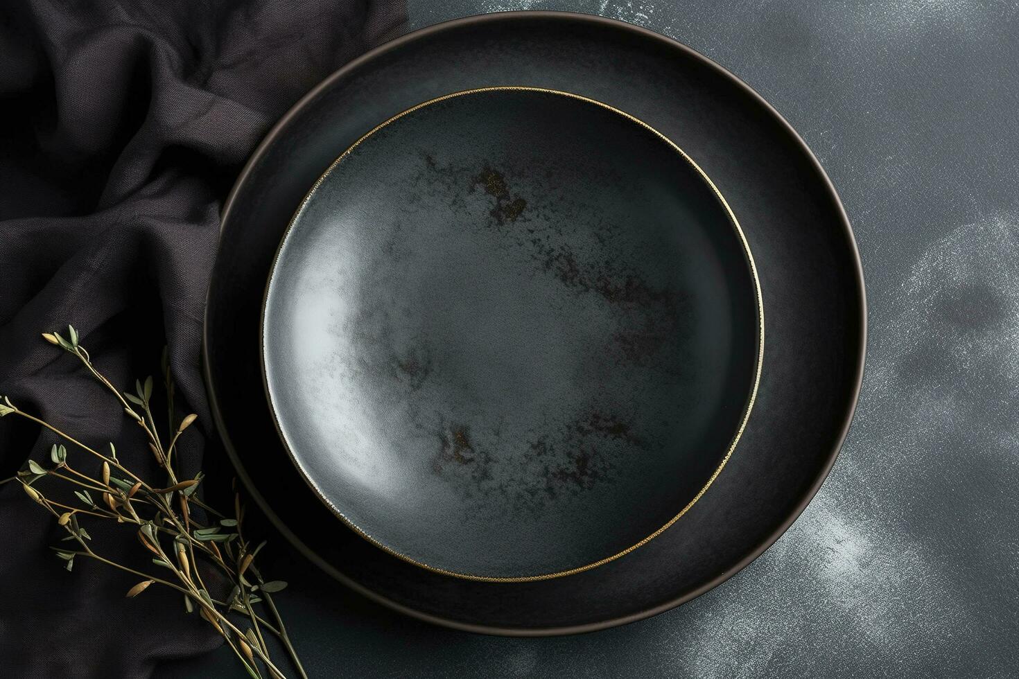 Black craft plate on dark stone table. Top view, copy space, Table setting. background for menu, layout, place for text , recipe background, food flat lay background, generate ai photo