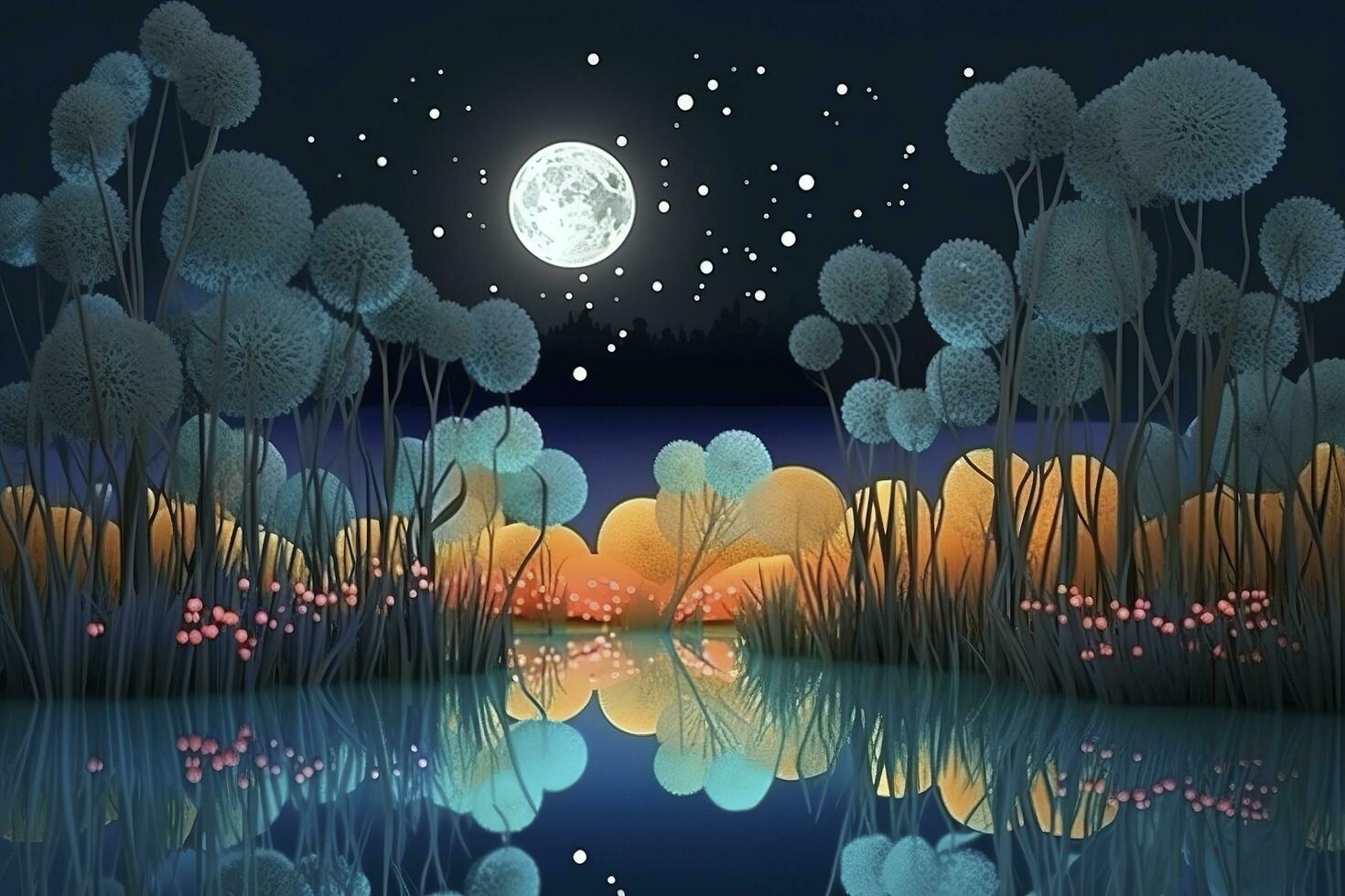 night landscape environment harvest moon over a glittering lake lush vegetation birchwood trees, flowers, magical galaxy. 3d drawing digital art, generate ai photo