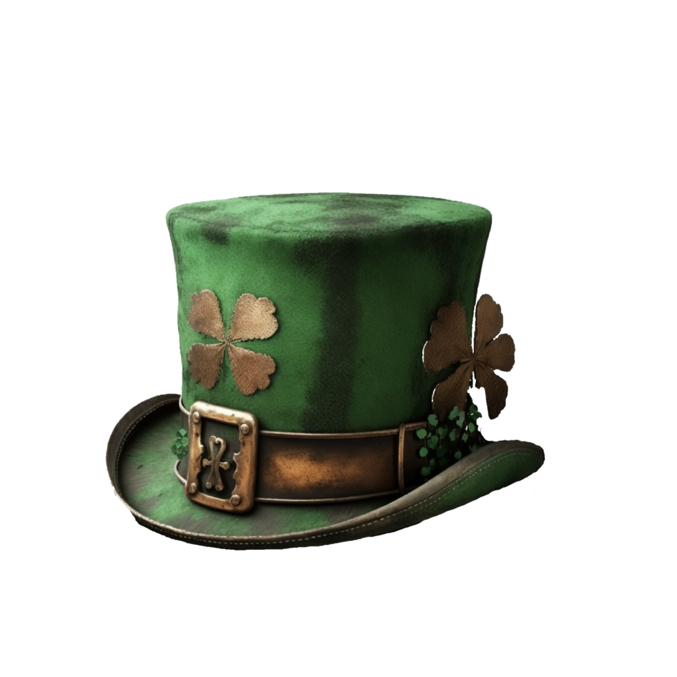 st. Patrick's Tag Kobold Hut mit vier Blatt Kleeblatt generativ ai png