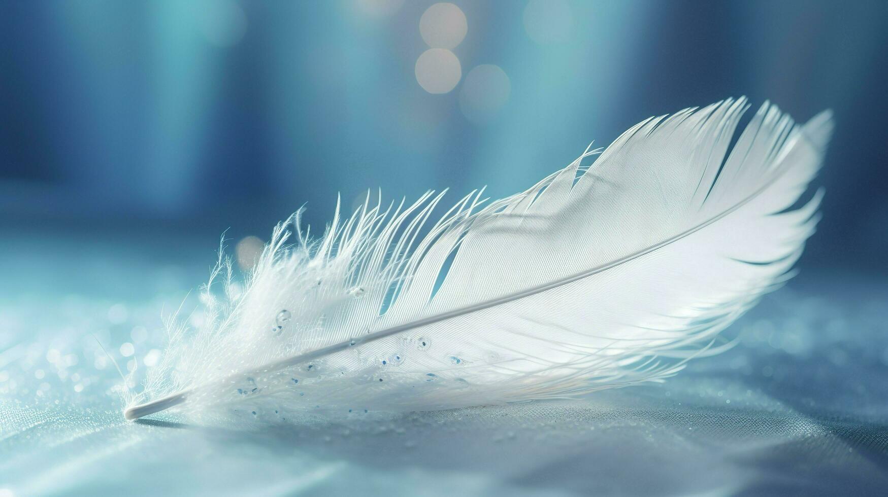 a bright blue background with one white feather, in the style of soft and dreamy pastels, glimmering light effects, nature inspired imagery, fairycore, soft focal points, generate ai photo