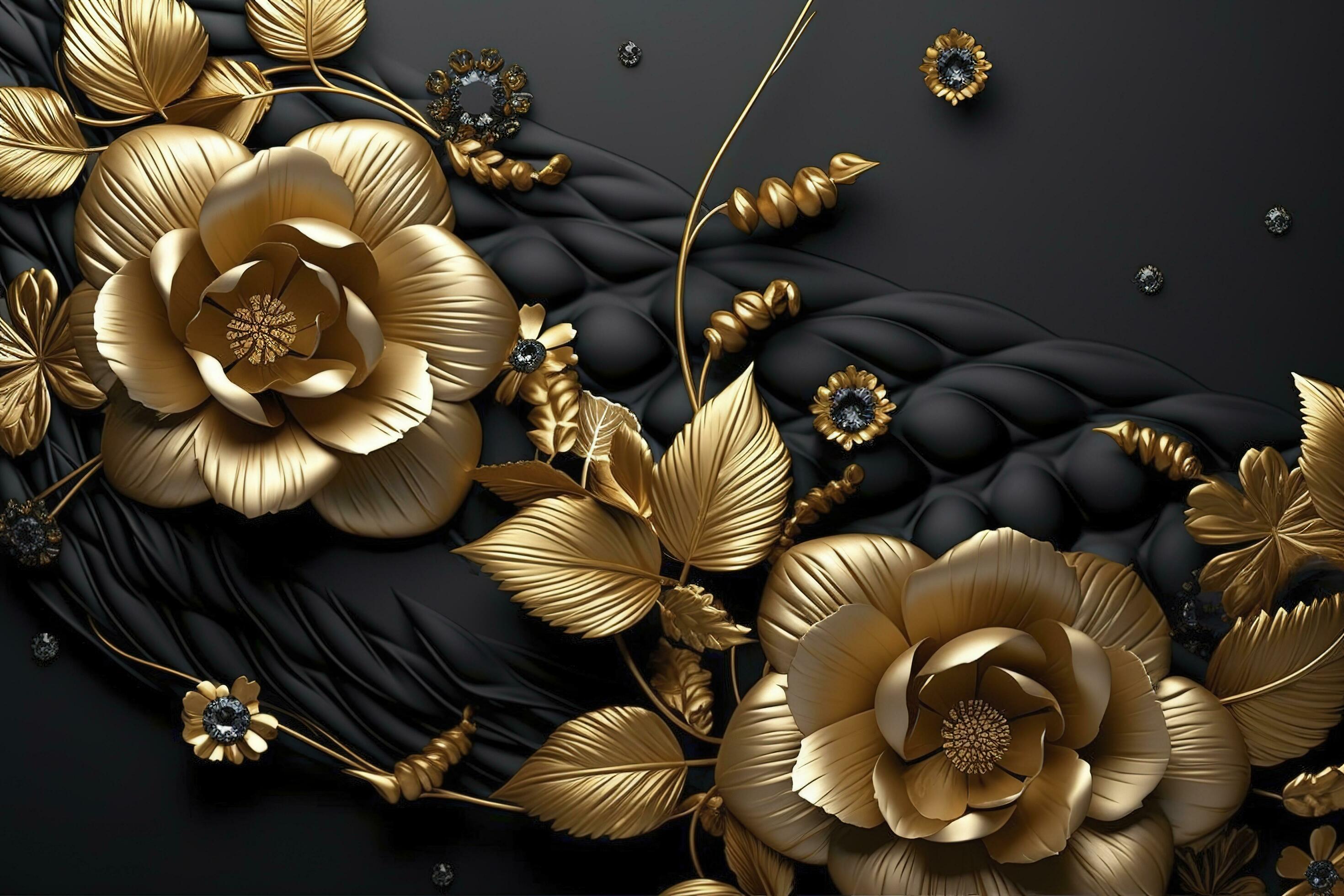 3d mural floral wallpaper. golden and black flowers and leaves. 3d render  background wall decor, generate ai 24475582 Stock Photo at Vecteezy
