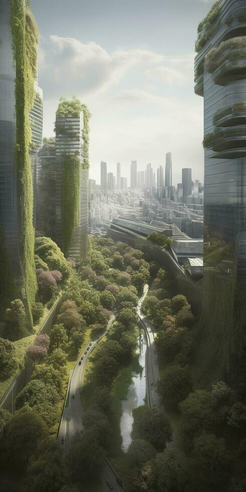 Spectacular eco-futuristic cityscape full with greenery, skyscrapers, parks, and other manmade green spaces in urban area. Green garden in modern city. Digital art 3D illustration. photo