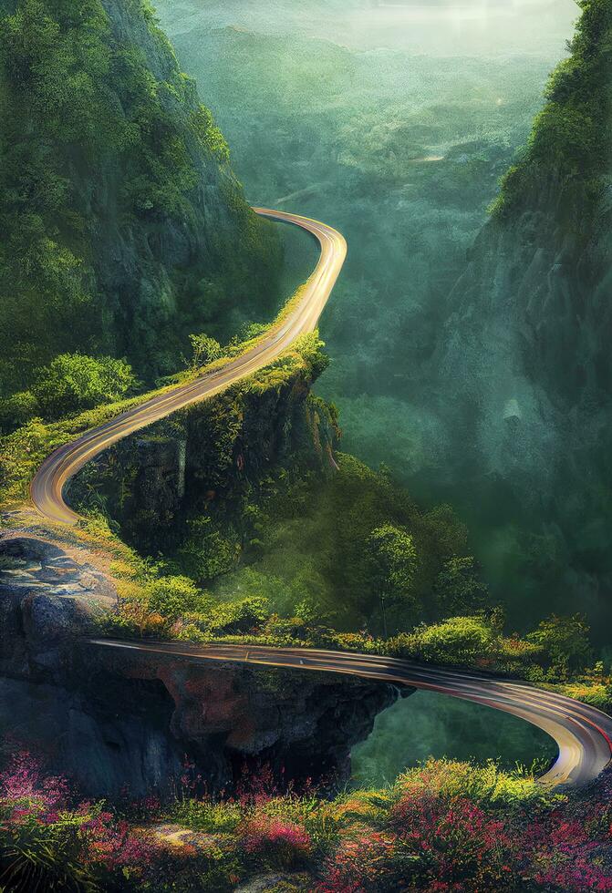 Mountain road. Landscape with rocks, sunny sky with clouds, and beautiful asphalt road in the evening in summer. Vintage toning. Travel background. Highway in mountains. Transportation, generate ai photo