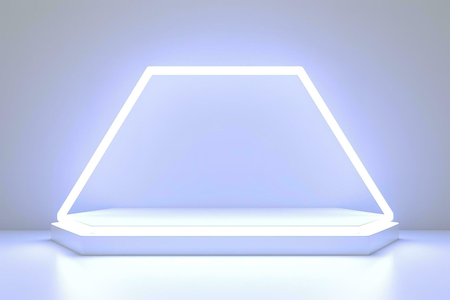 Realistic podium display with neon white lights, Product display background with light frame, White prodium product display with light effect, neon lights background, generate ai photo