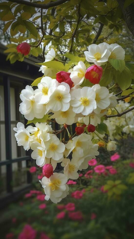 Chinese Suzhou garden, yellow red white begonia flower, petals high definition, detail, full of flowers, beautiful, background clearly visible white fence and windows, generate ai photo