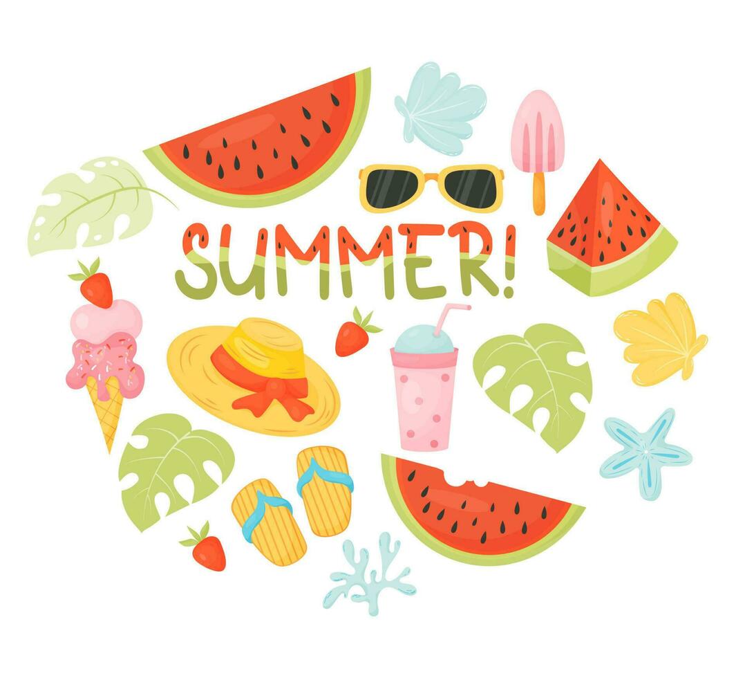 Summer collection. Pieces watermelon, ice cream, straw hat and flip flops, shells and lettering Summer with watermelon pattern. Vector illustration in cartoon flat style. Isolated elements on white.