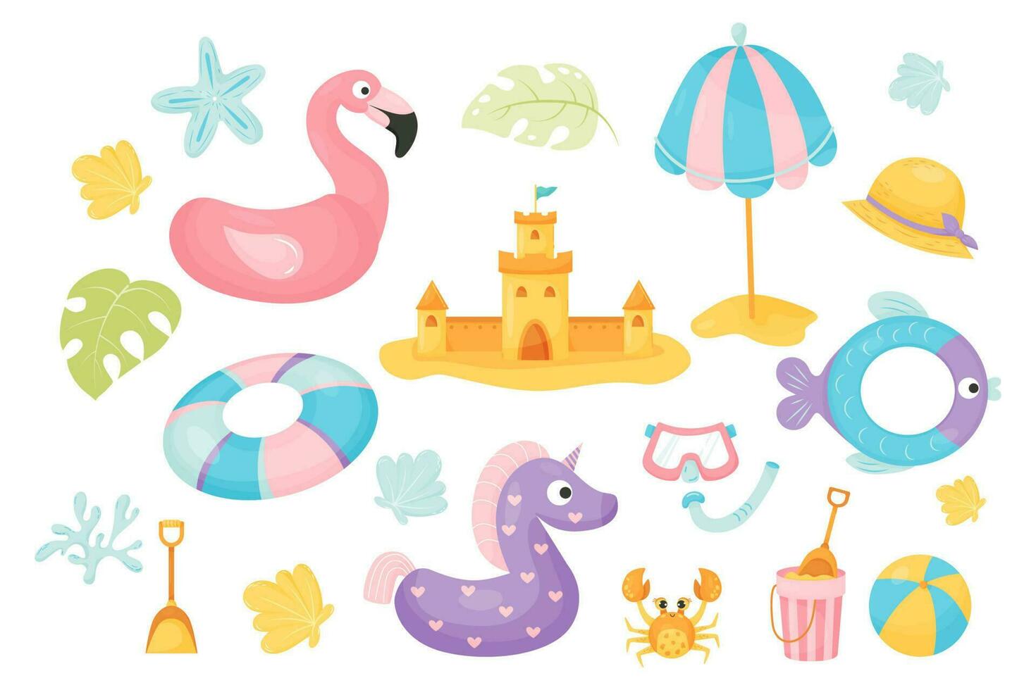 Collection summer sea holiday attributes. Beach rubber ring, funny rubber flamingo with unicorn, sand castle and parasol, straw hat, crab and shells. Vector illustration in flat cartoon style.