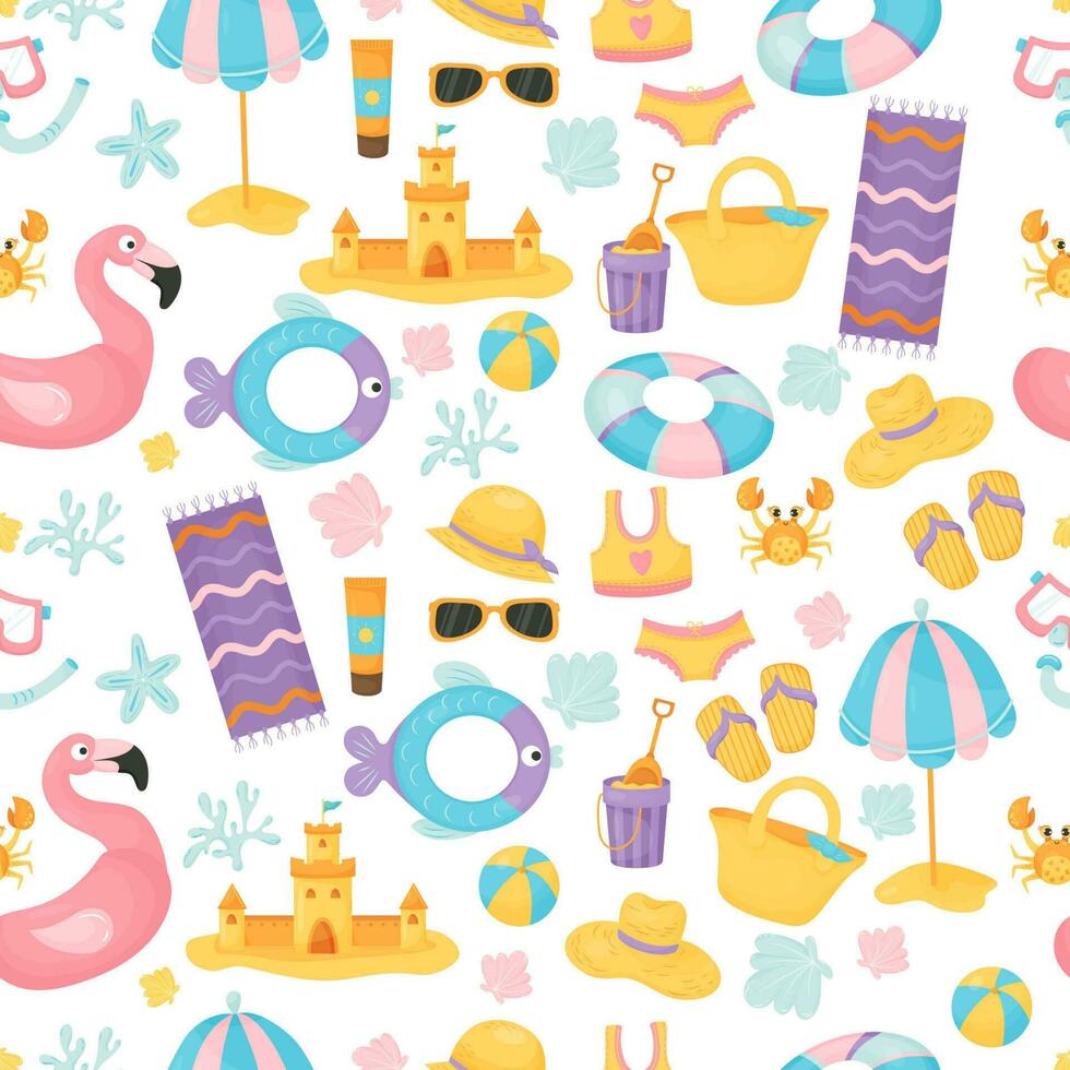 Seamless pattern with summer sea holiday attributes on white background. Beach vacation clothes and accessories, swimsuit, straw hat and flip flops, bag, rubber ring, shells. Vector illustration.
